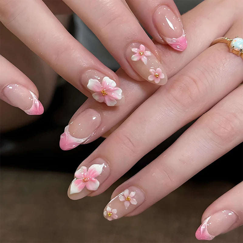 Press-On Nail Set Romantic Floral Ombre Easy Application