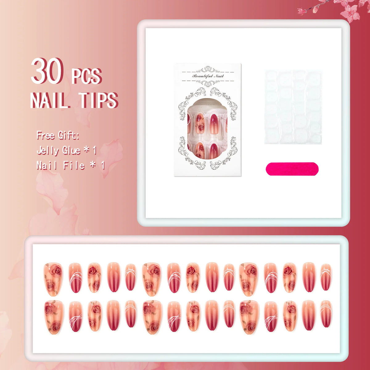 Press-On Nail Set Rose Art Light Blue Multi-Size