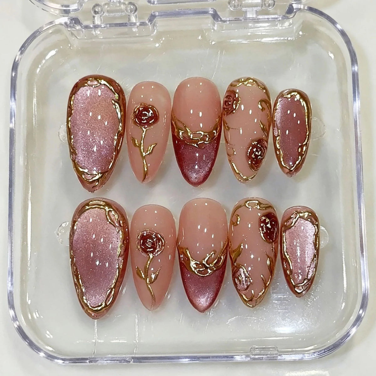 Press-On Nail Set Rose-Embellished Glossy & Matte