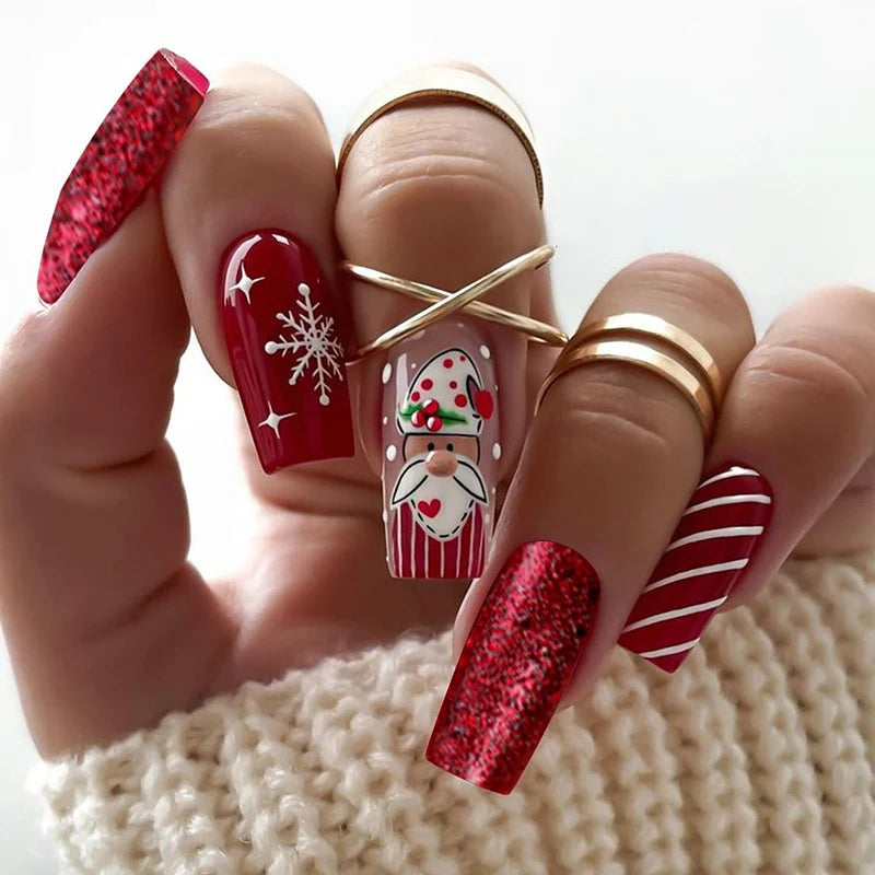 Press-On Nail Set Santa-Themed Easy-Apply Adhesive & Chip-Resistant