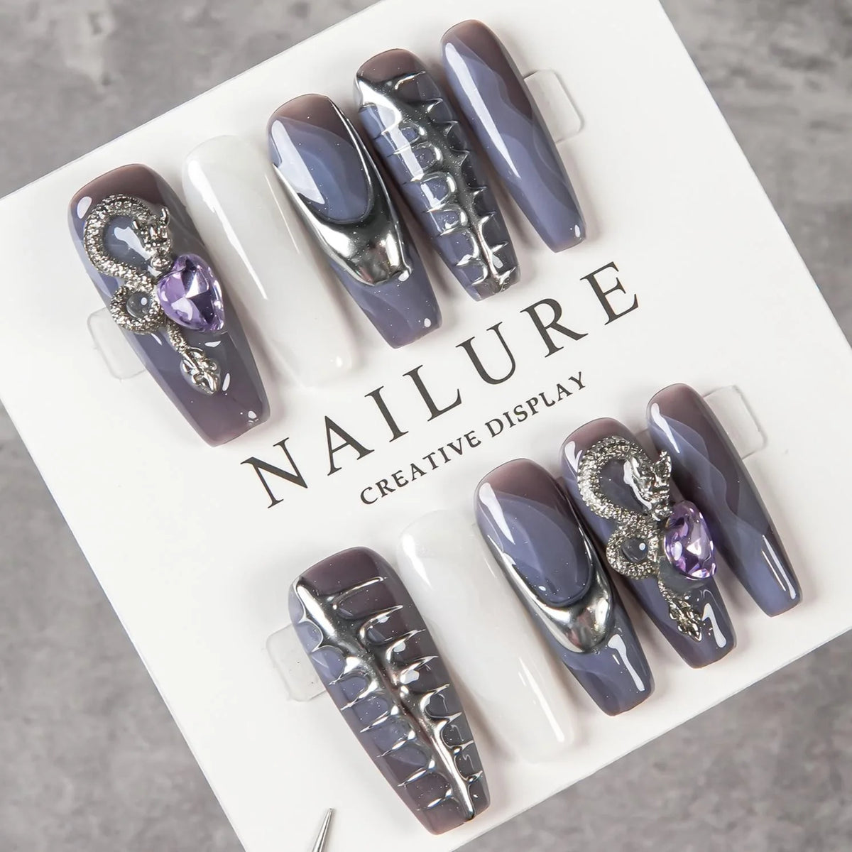 Press-On Nail Set Sculpted Metallic Accents Reusable