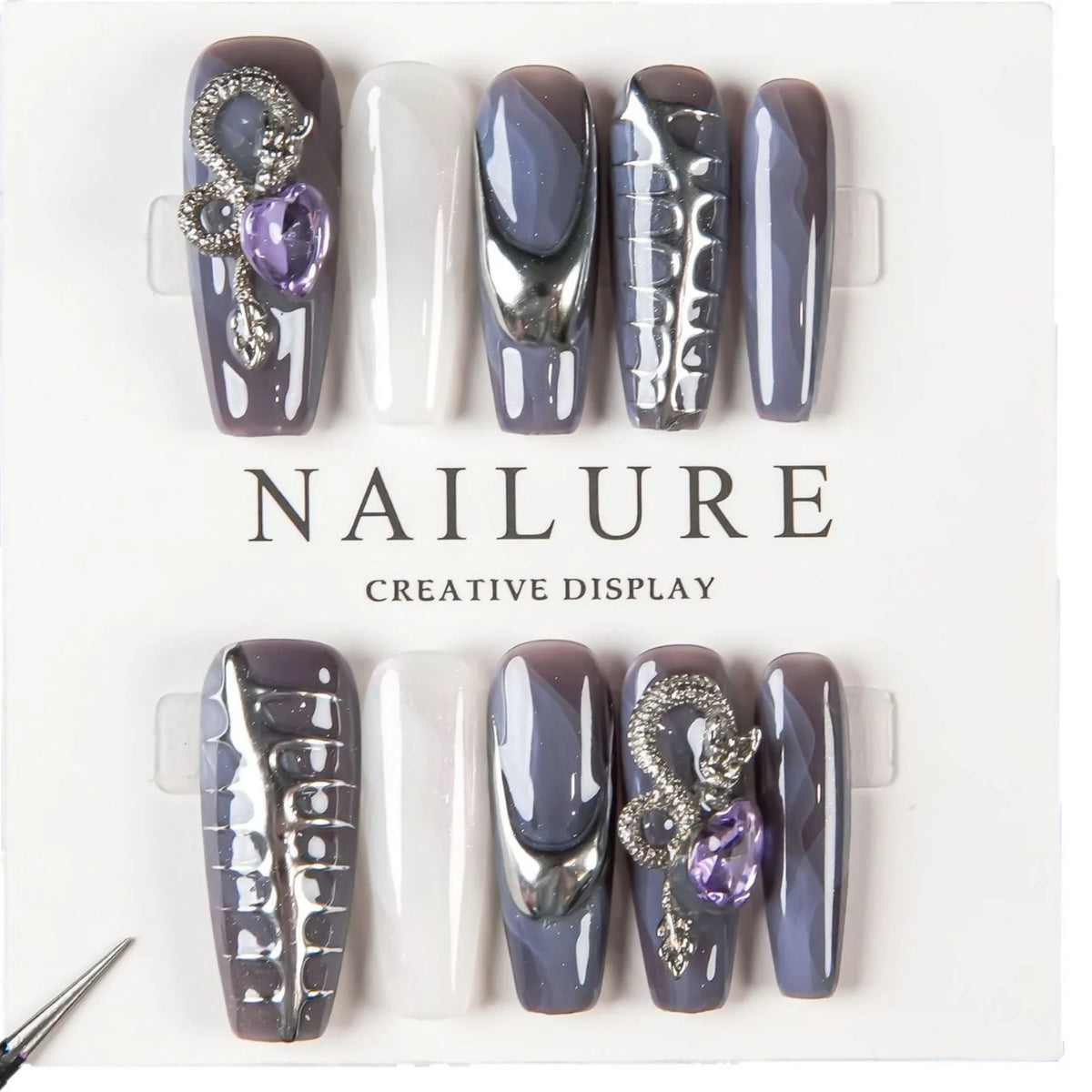 Press-On Nail Set Sculpted Metallic Accents Reusable