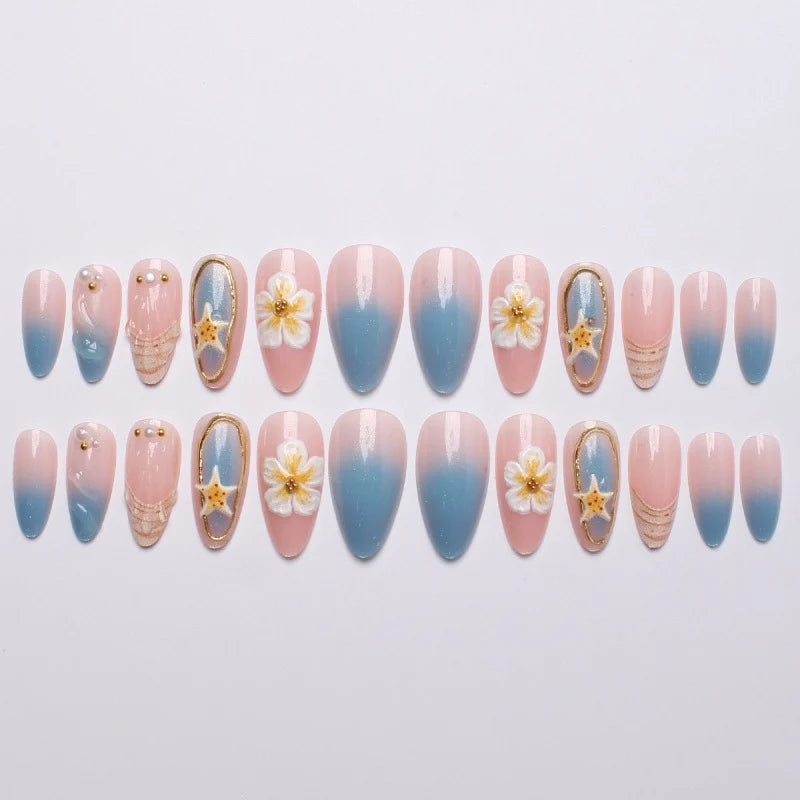 Press-On Nail Set Sea-Inspired Floral Designs Comfortable Fit