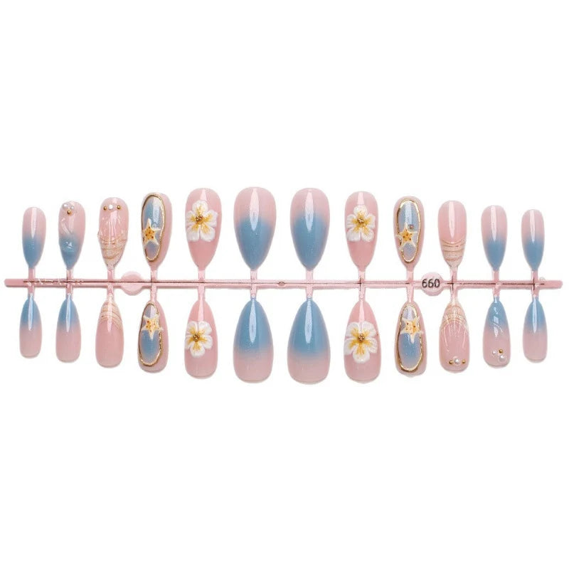 Press-On Nail Set Sea-Inspired Floral Designs Comfortable Fit
