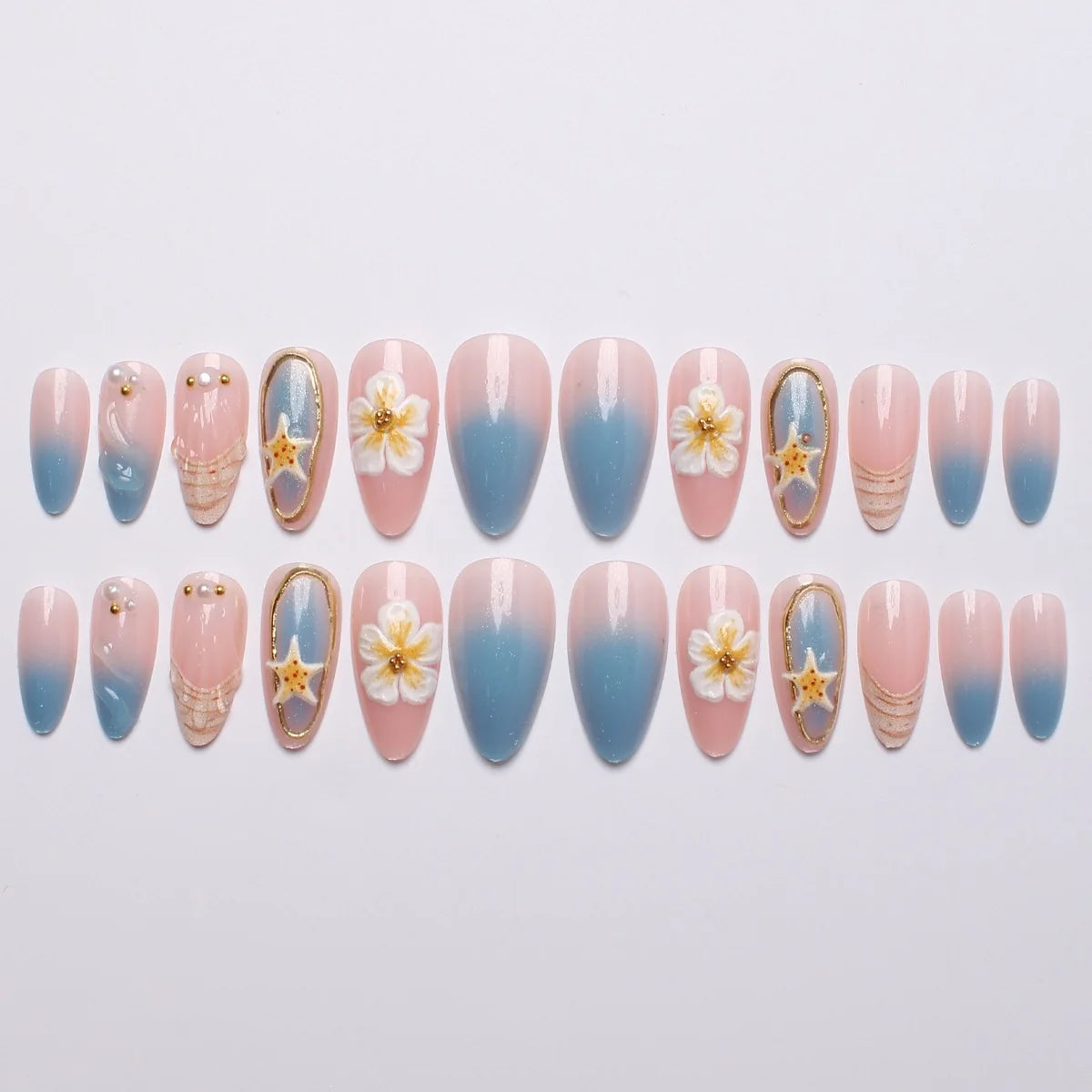 Press-On Nail Set Seashell & Floral Easy Apply Adhesive