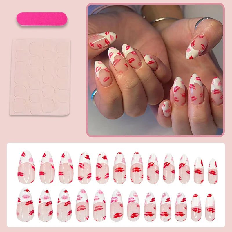 Press-On Nail Set Seductive Lip Design Reusable Multiple Sizes
