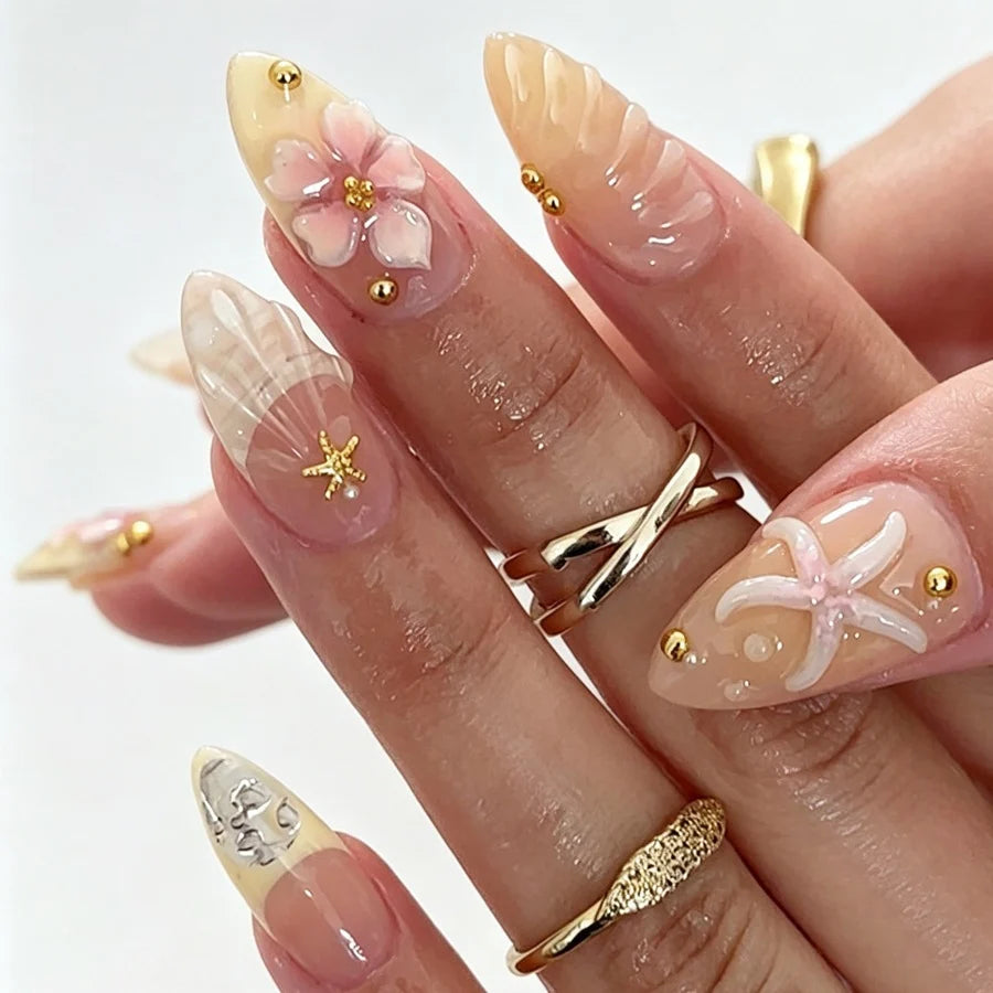 Press-On Nail Set Self-Adhesive 3D Floral & Gold Accents