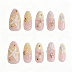 Press-On Nail Set Self-Adhesive 3D Floral & Gold Accents