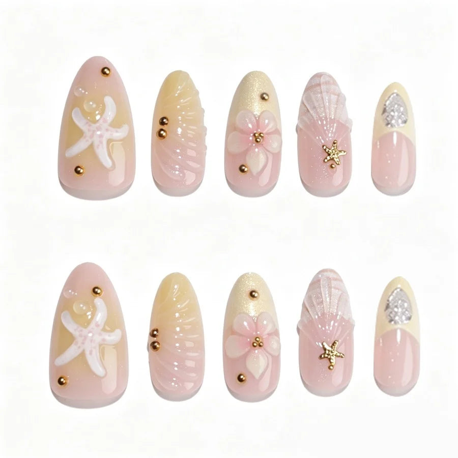 Press-On Nail Set Self-Adhesive 3D Floral & Gold Accents
