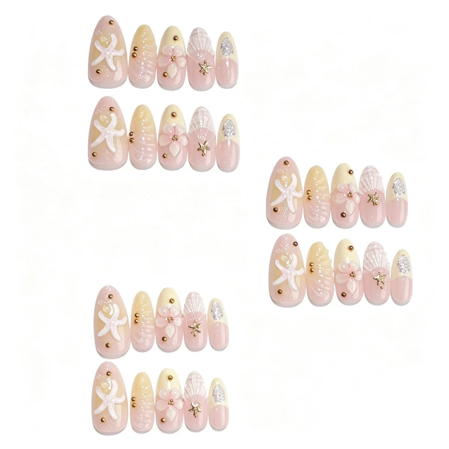 Press-On Nail Set Self-Adhesive 3D Floral & Gold Accents