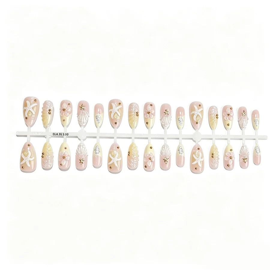 Press-On Nail Set Self-Adhesive 3D Floral & Gold Accents
