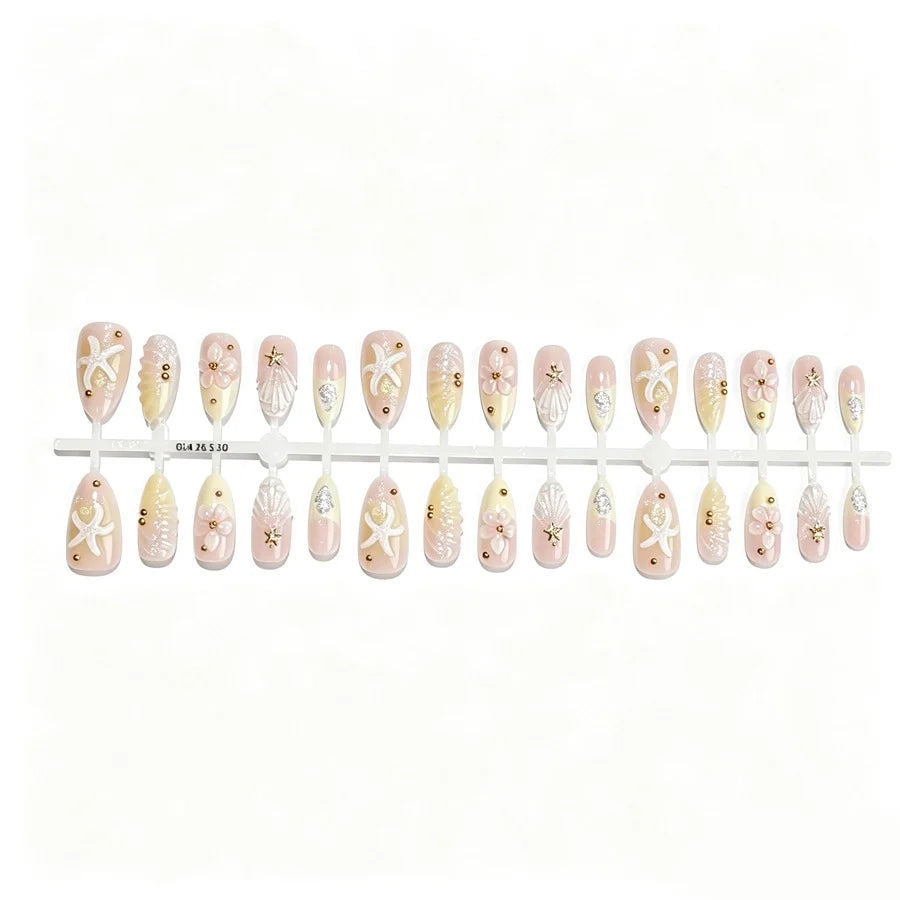 Press-On Nail Set Self-Adhesive 3D Floral & Gold Accents