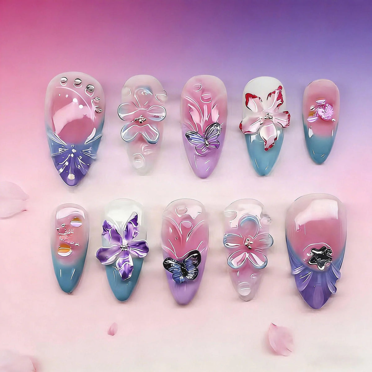 Press-On Nail Set Self-Adhesive Acrylic Floral & Butterfly