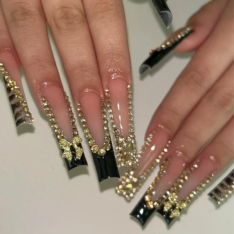 Press-On Nail Set Self-Adhesive Black & Nude Rhinestone Accents