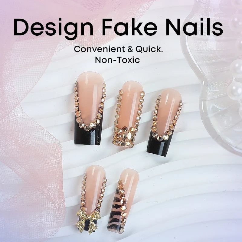 Press-On Nail Set Self-Adhesive Black & Nude Rhinestone Accents