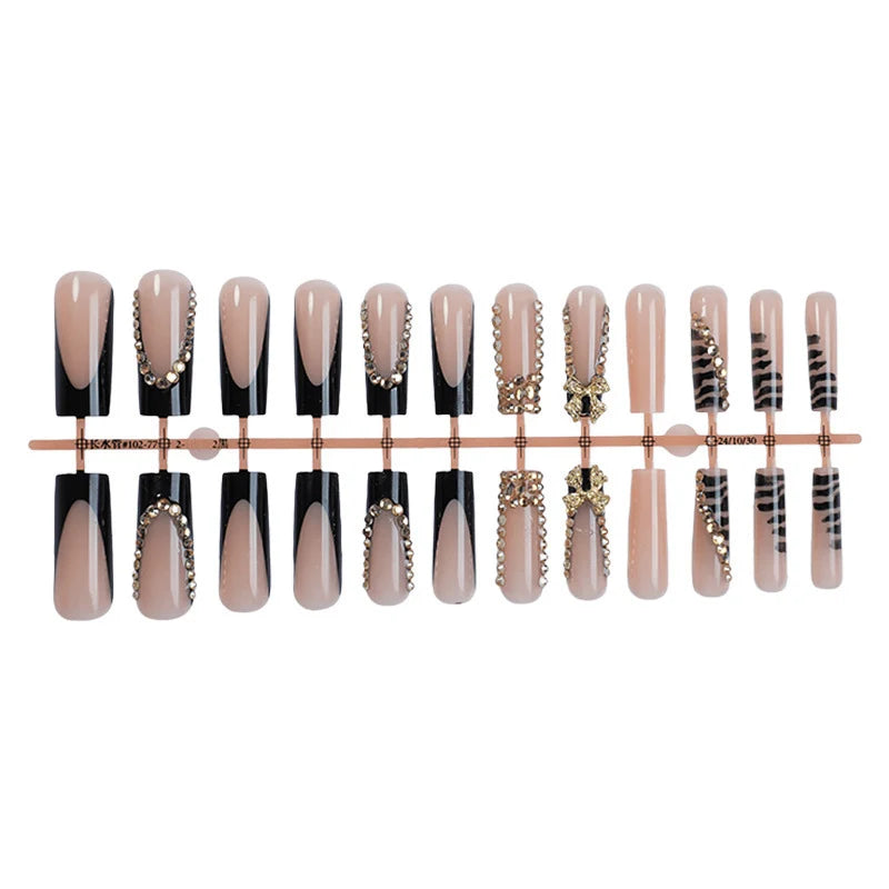 Press-On Nail Set Self-Adhesive Black & Nude Rhinestone Accents