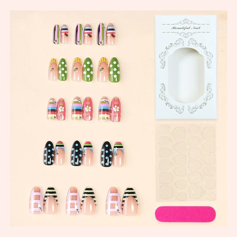 Press-On Nail Set Self-Adhesive Colorful Patterns & Glitter