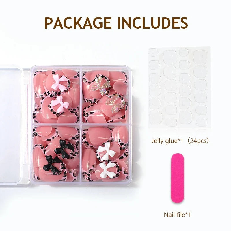 Press-On Nail Set Self-Adhesive Durable Bows & Leopard Print