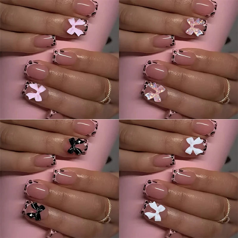 Press-On Nail Set Self-Adhesive Durable Bows & Leopard Print