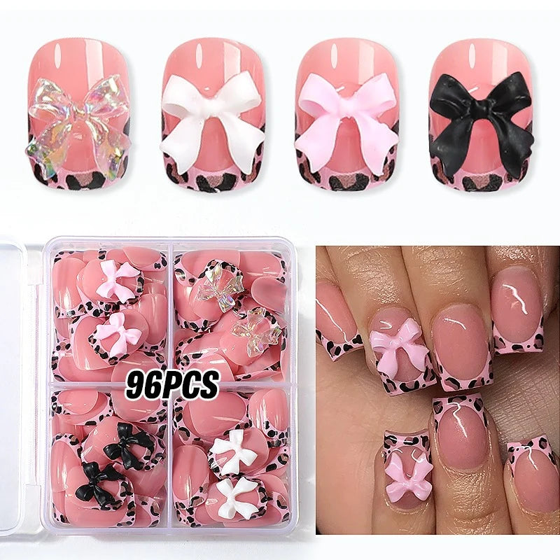 Press-On Nail Set Self-Adhesive Durable Bows & Leopard Print