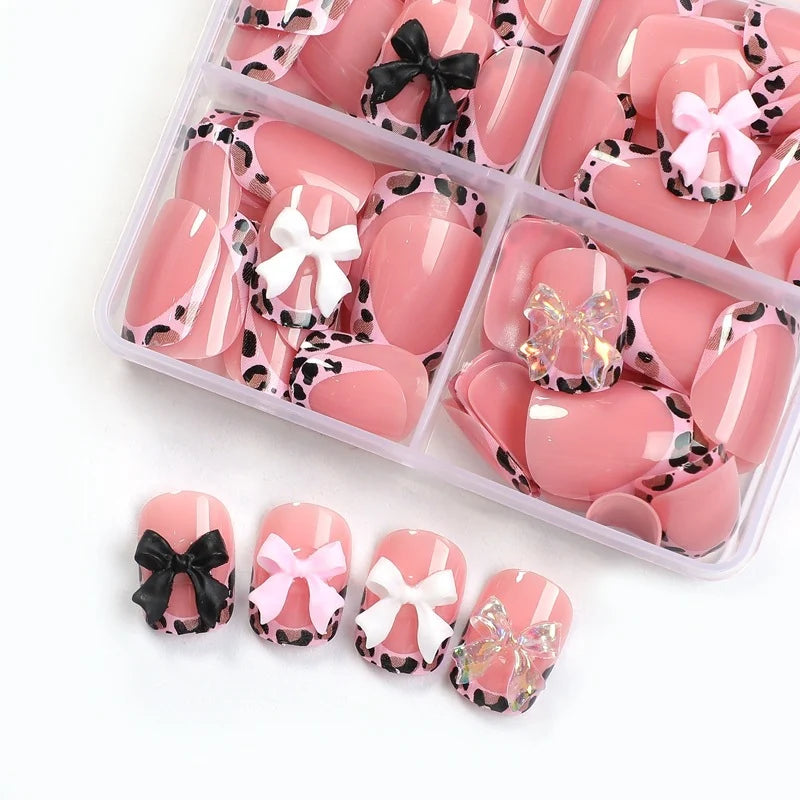 Press-On Nail Set Self-Adhesive Durable Bows & Leopard Print