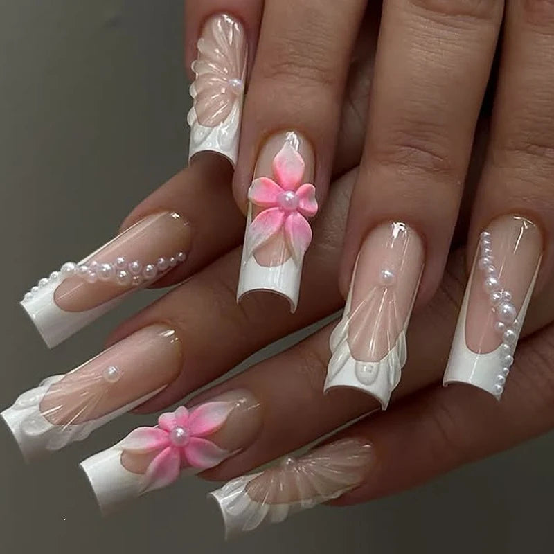 Press-On Nail Set Self-Adhesive Floral & Glitter