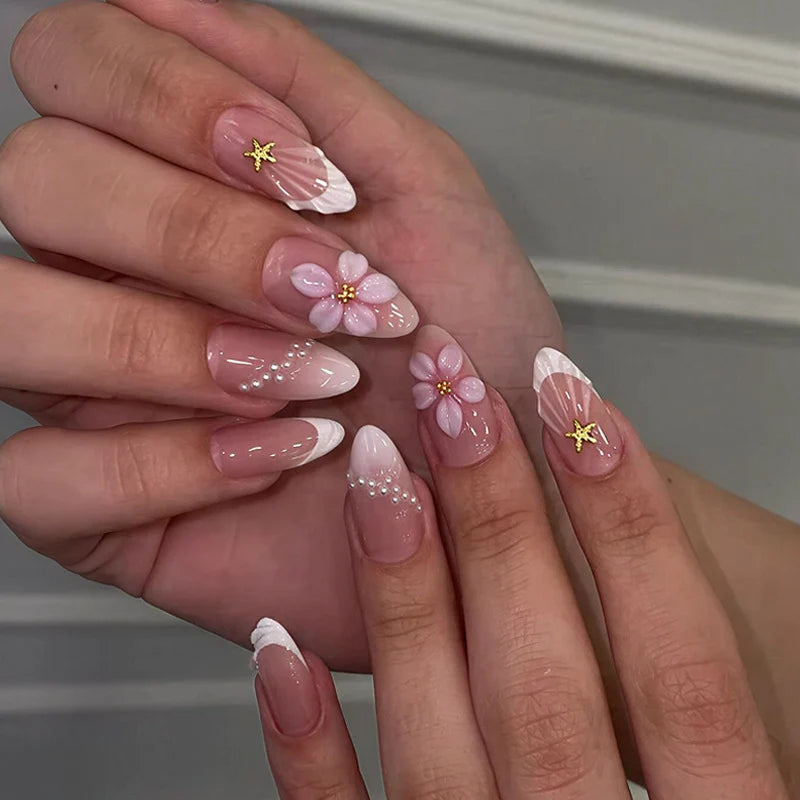 Press-On Nail Set Self-Adhesive Floral & Glitter