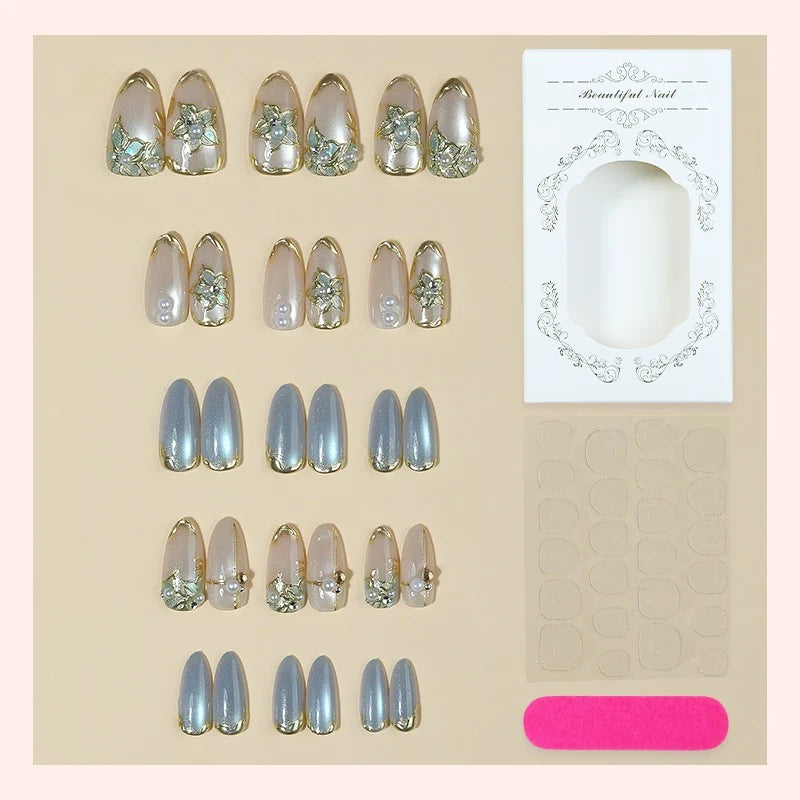 Press-On Nail Set Self-Adhesive Floral & Gold Accents