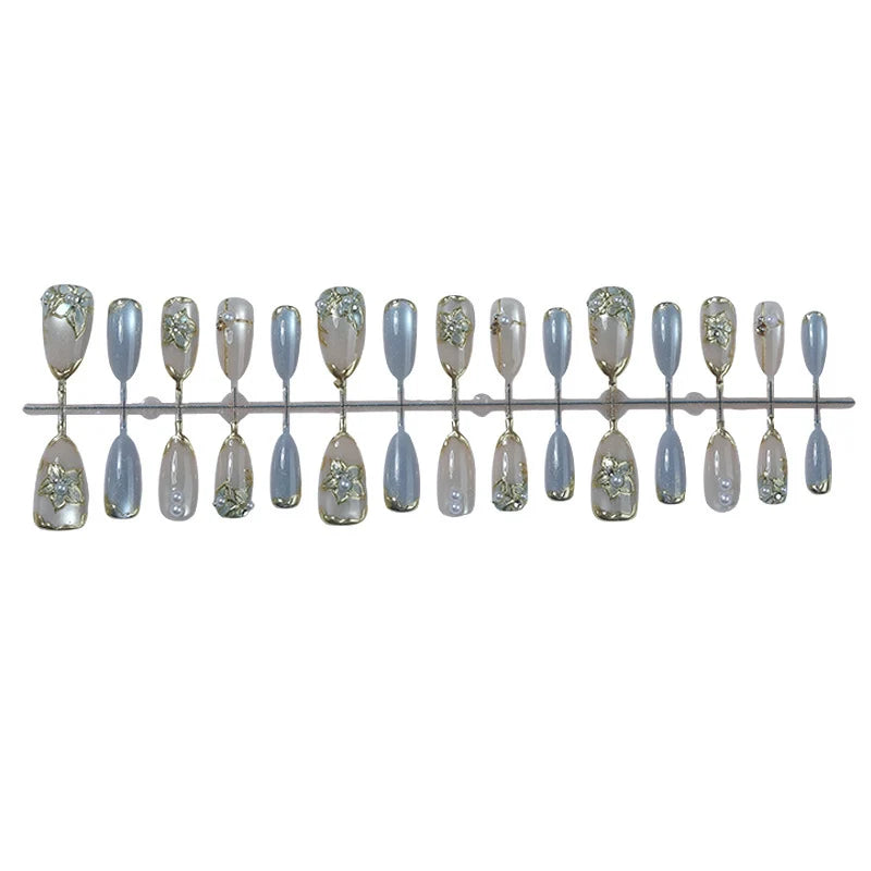 Press-On Nail Set Self-Adhesive Floral & Gold Accents