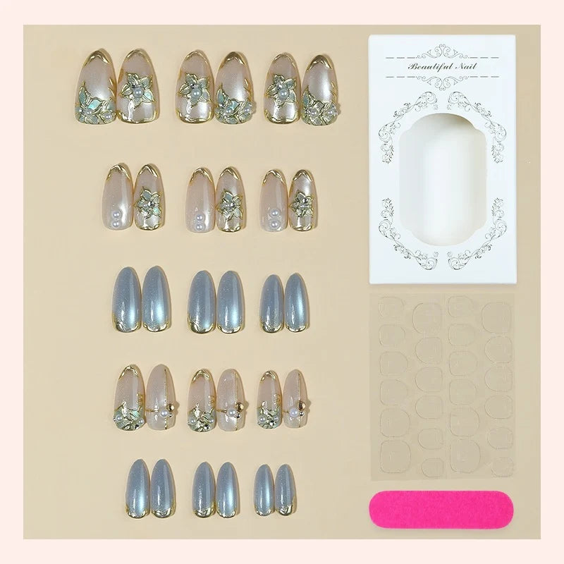 Press-On Nail Set Self-Adhesive Floral & Gold Accents