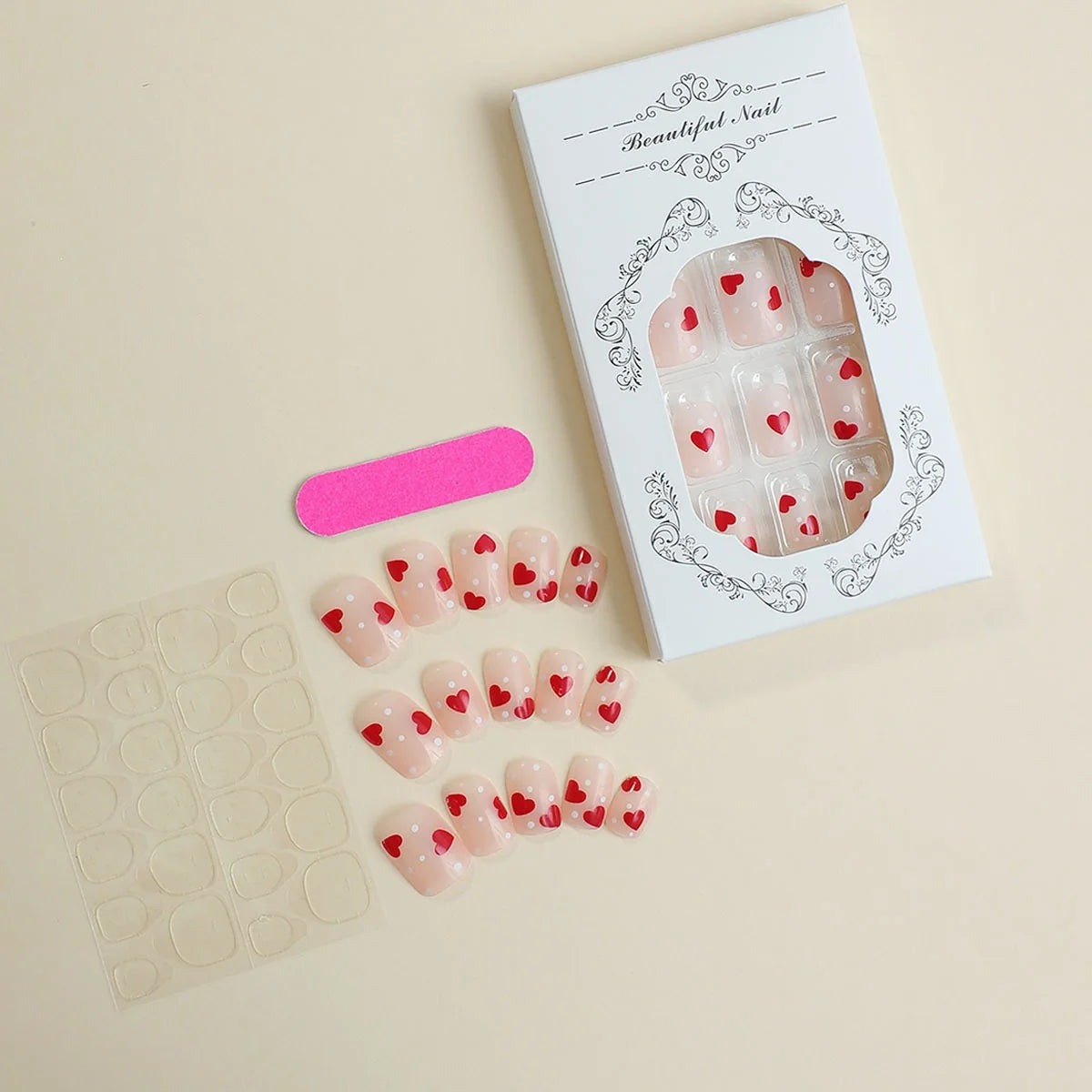 Press-On Nail Set Self-Adhesive Heart Design