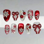 Press-On Nail Set Self-Adhesive Holiday Cherry & Bow