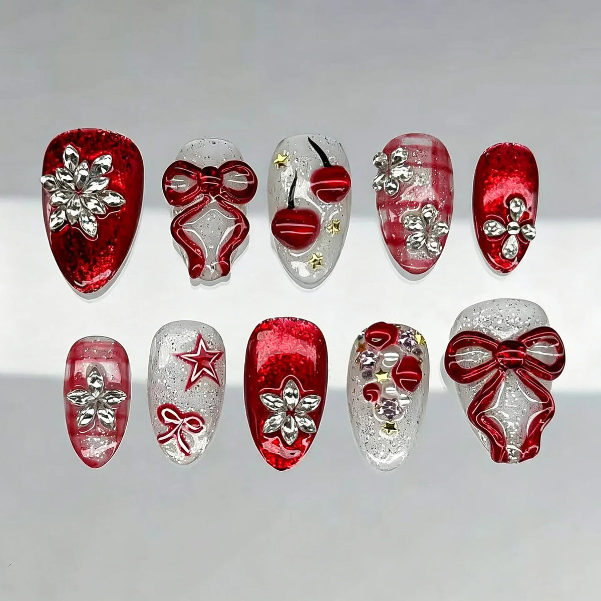 Press-On Nail Set Self-Adhesive Holiday Cherry & Bow