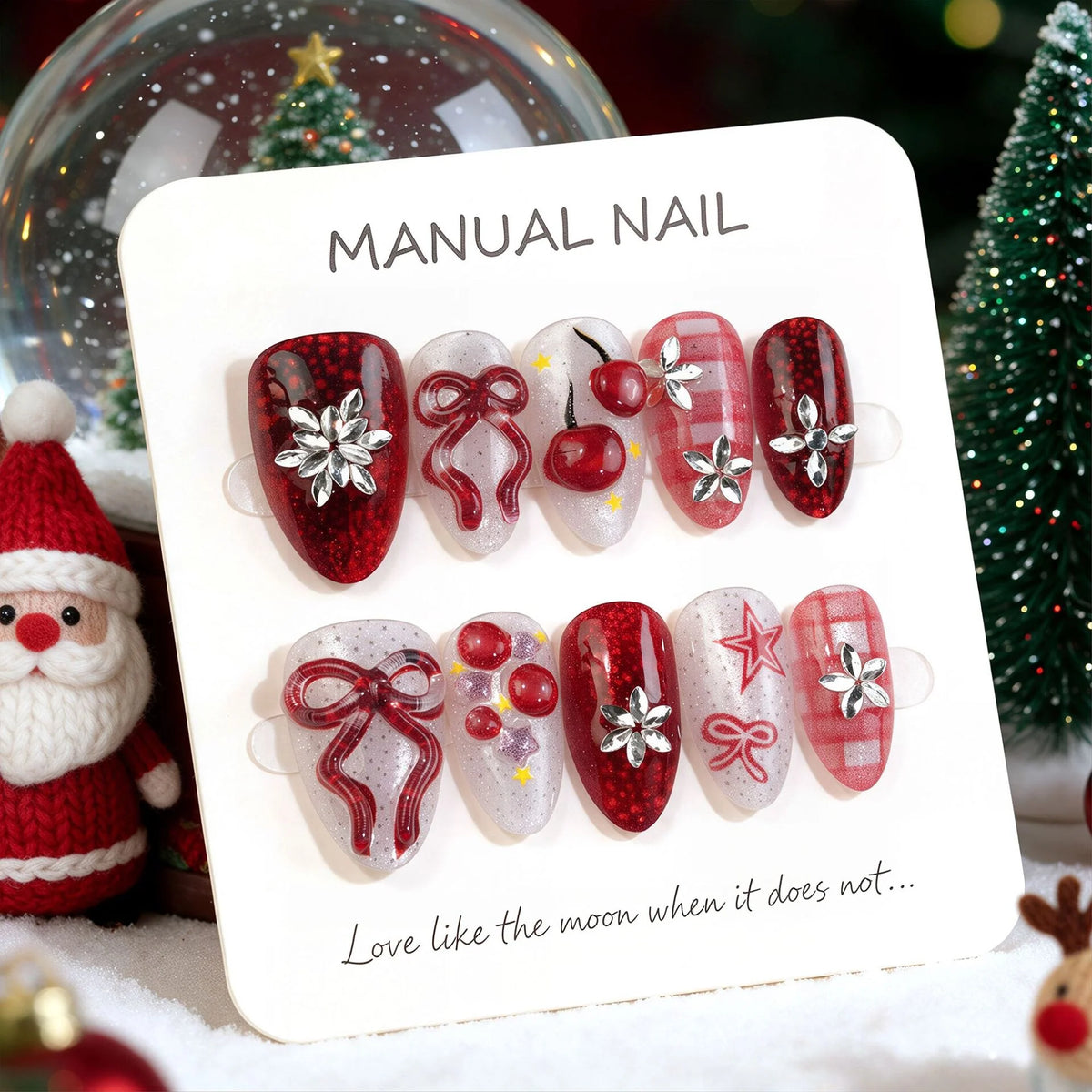 Press-On Nail Set Self-Adhesive Holiday Cherry & Bow