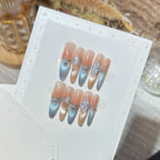 Press-On Nail Set Self-Adhesive Island Blue Butterfly Crystal Floral