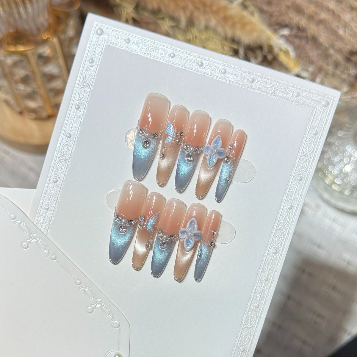 Press-On Nail Set Self-Adhesive Island Blue Butterfly Crystal Floral