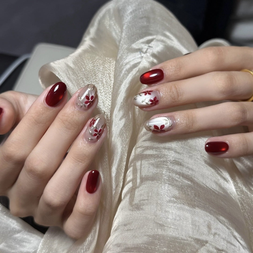 Press-On Nail Set Self-Adhesive Red Floral 24-Piece