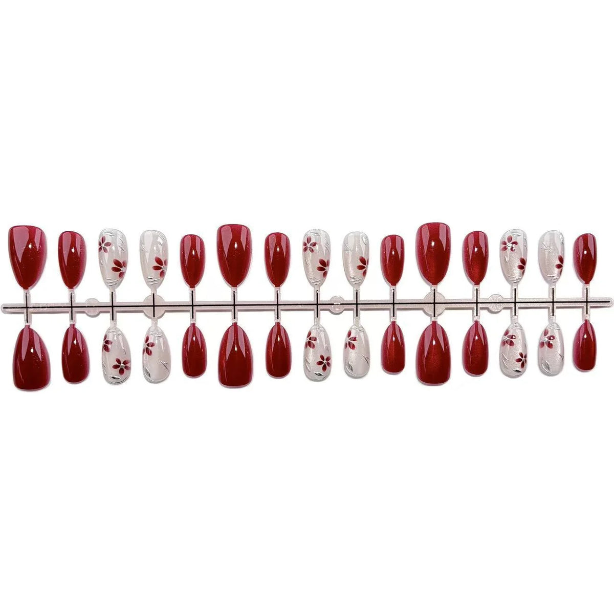Press-On Nail Set Self-Adhesive Red Floral 24-Piece
