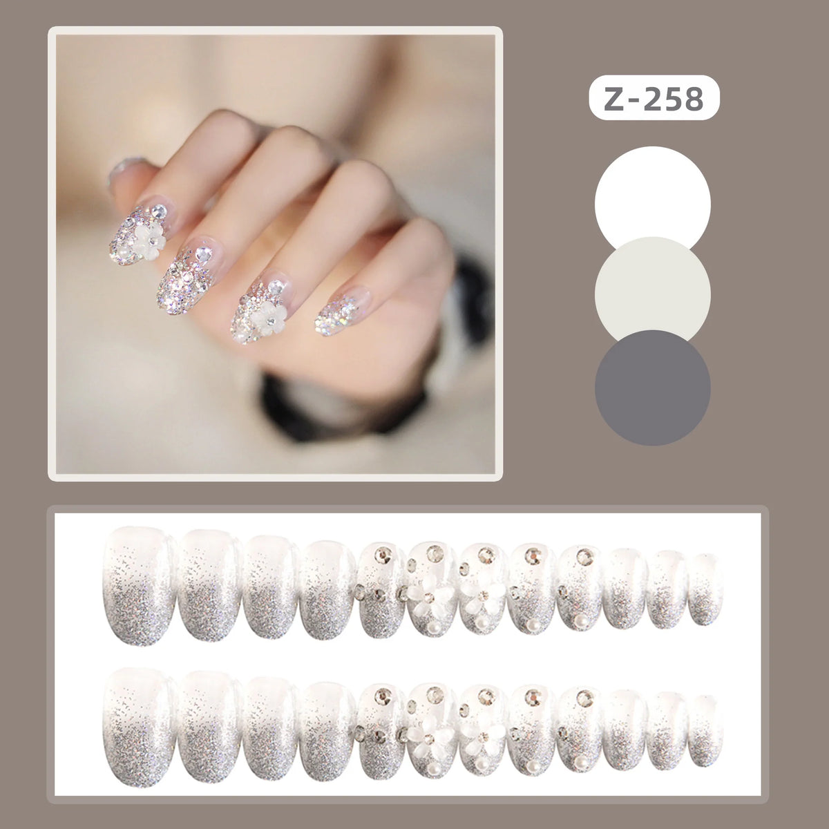 Press-On Nail Set Self-Adhesive Rhinestone & Floral