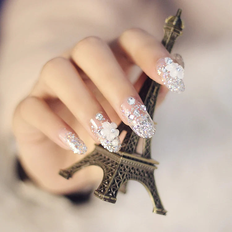 Press-On Nail Set Self-Adhesive Rhinestone & Floral