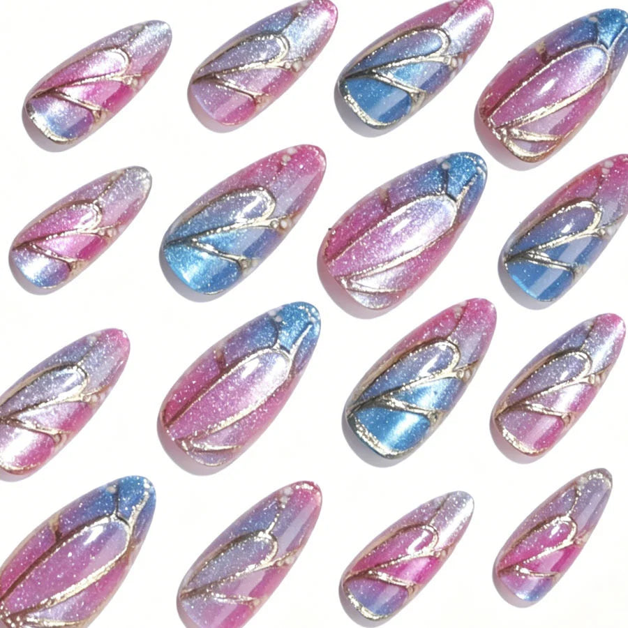 Press-On Nail Set Shimmering Gradient & 3D Accents