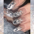Press-On Nail Set Shiny Silver Glitter & Rhinestones Glue-On