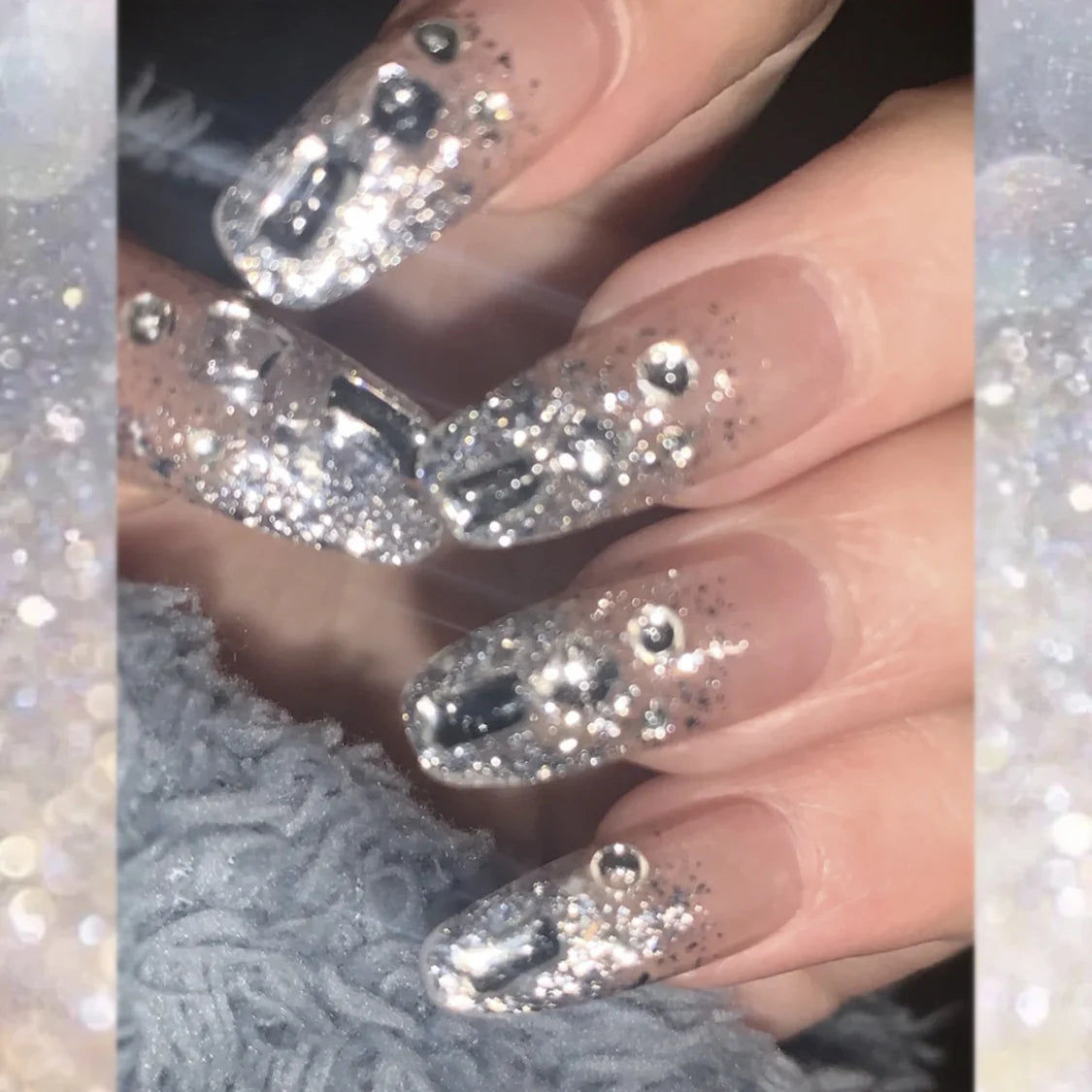 Press-On Nail Set Shiny Silver Glitter & Rhinestones Glue-On