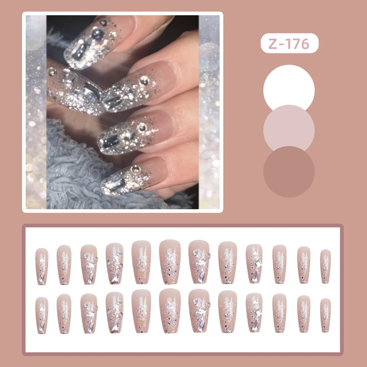 Press-On Nail Set Shiny Silver Glitter & Rhinestones Glue-On