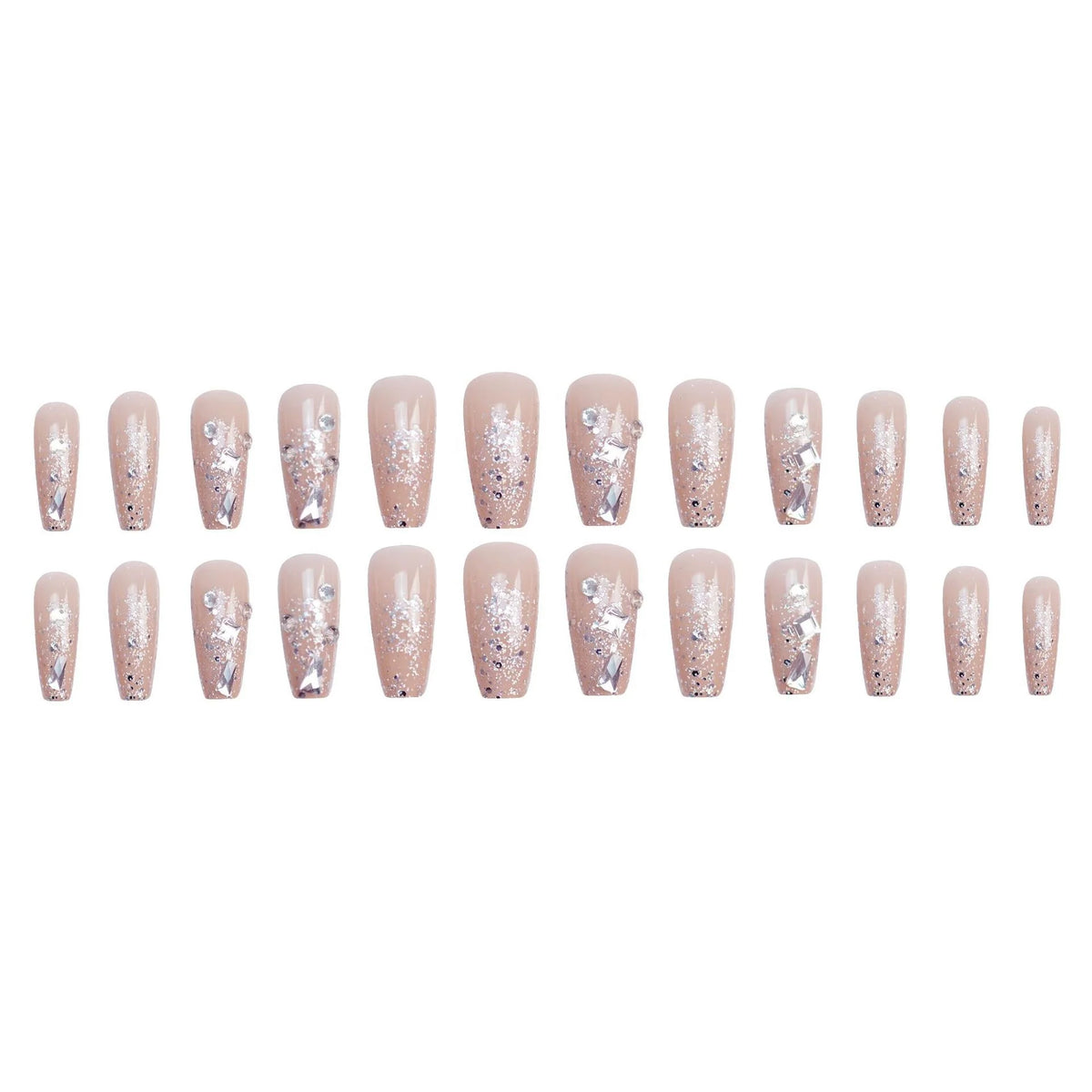 Press-On Nail Set Shiny Silver Glitter & Rhinestones Glue-On