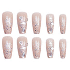 Press-On Nail Set Shiny Silver Glitter & Rhinestones Glue-On