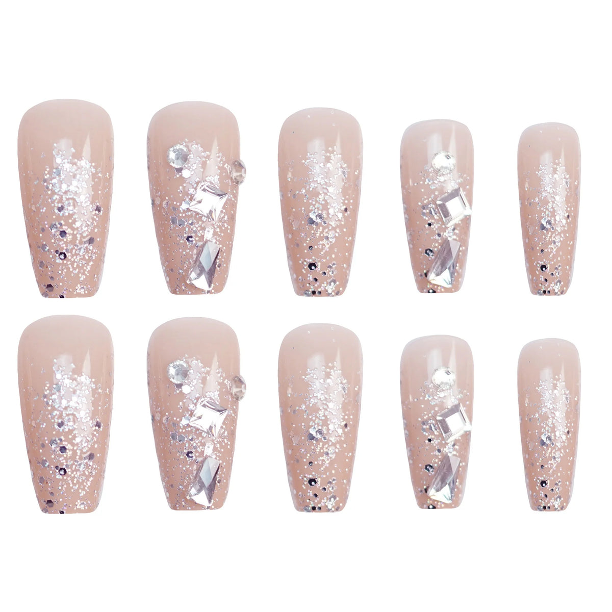 Press-On Nail Set Shiny Silver Glitter & Rhinestones Glue-On