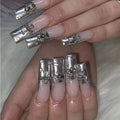 Press-On Nail Set Silver Accents Peel-And-Stick Reusable