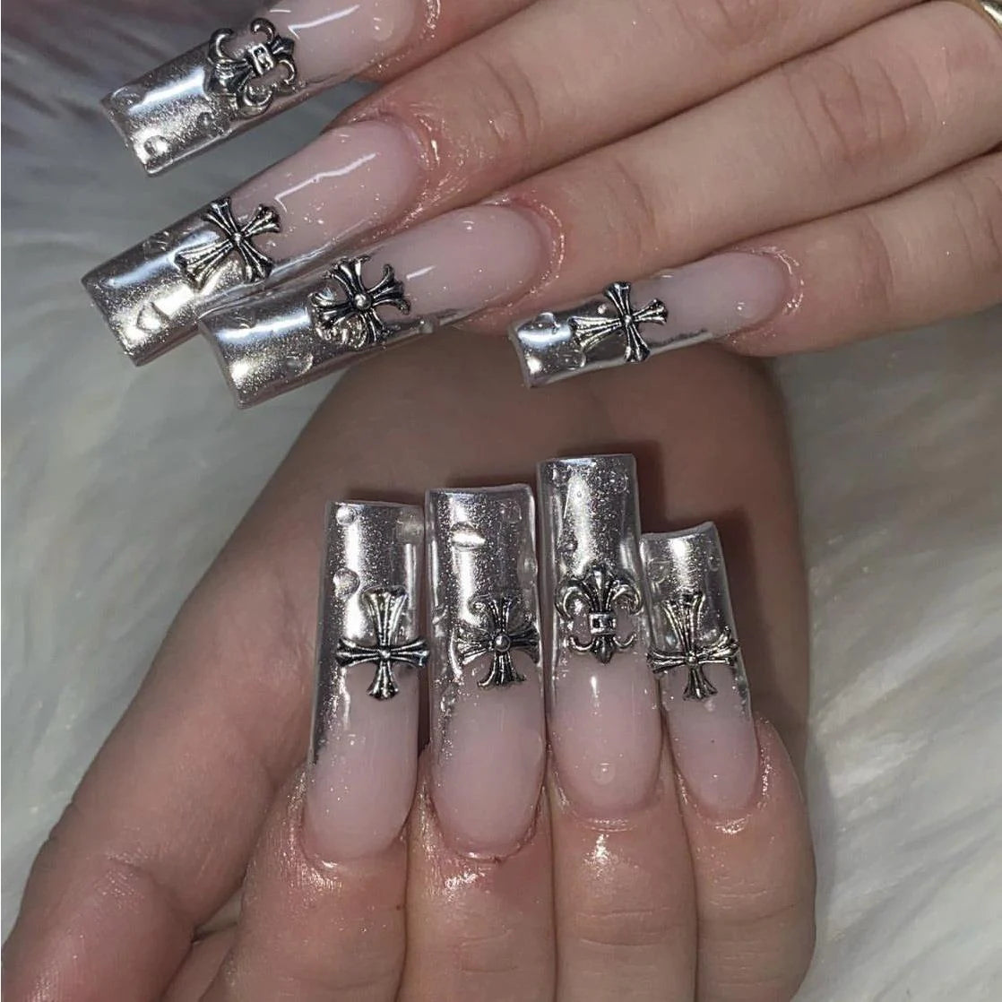 Press-On Nail Set Silver Accents Peel-And-Stick Reusable