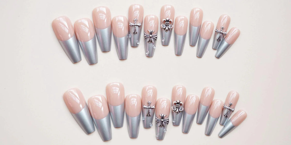 Press-On Nail Set Silver Accents Peel-And-Stick Reusable